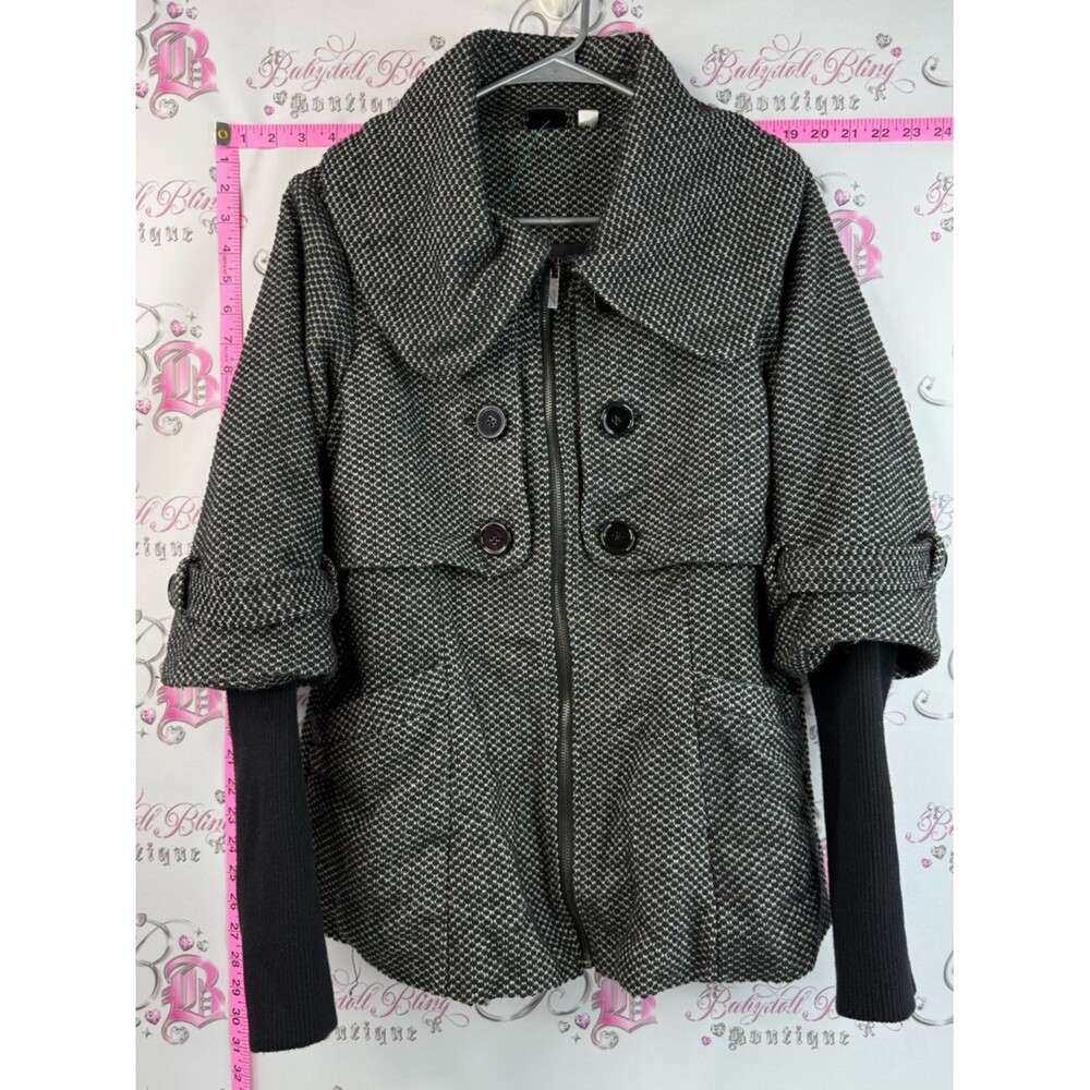 Oxmo jacket coat Textured Black & White Tweed Peacoat with Zip and Button Front